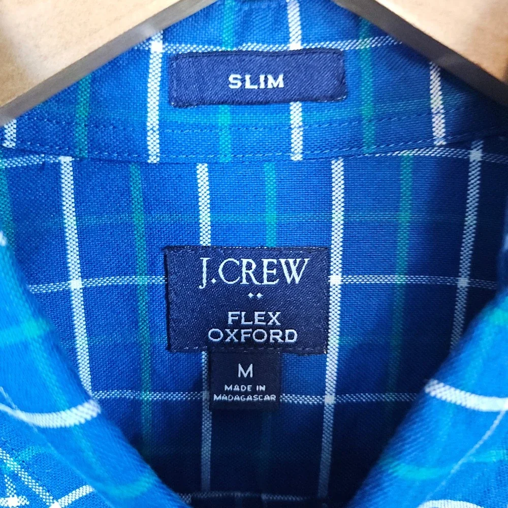 J Crew Men's Flex Oxford Size M Slim Fit Button Down Blue Windowpane 100% Cotton